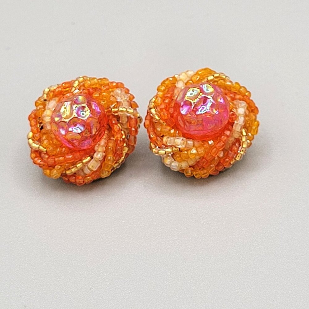 Button Clip Earrings Orange White Micro Beads Pink Bead Center Made in Italy Vtg